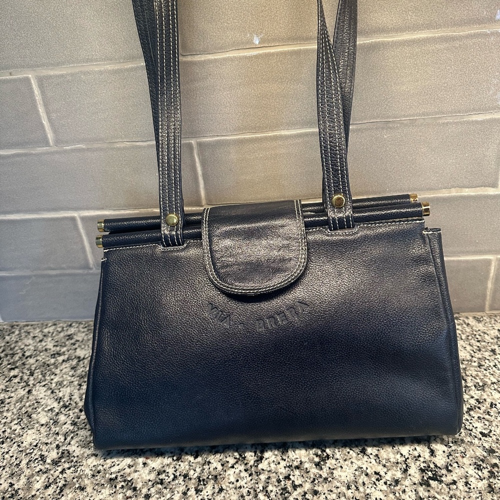 Via Brera ~ Beautiful Italian Navy Blue Leather Purse with Double Straps  ~ EUC